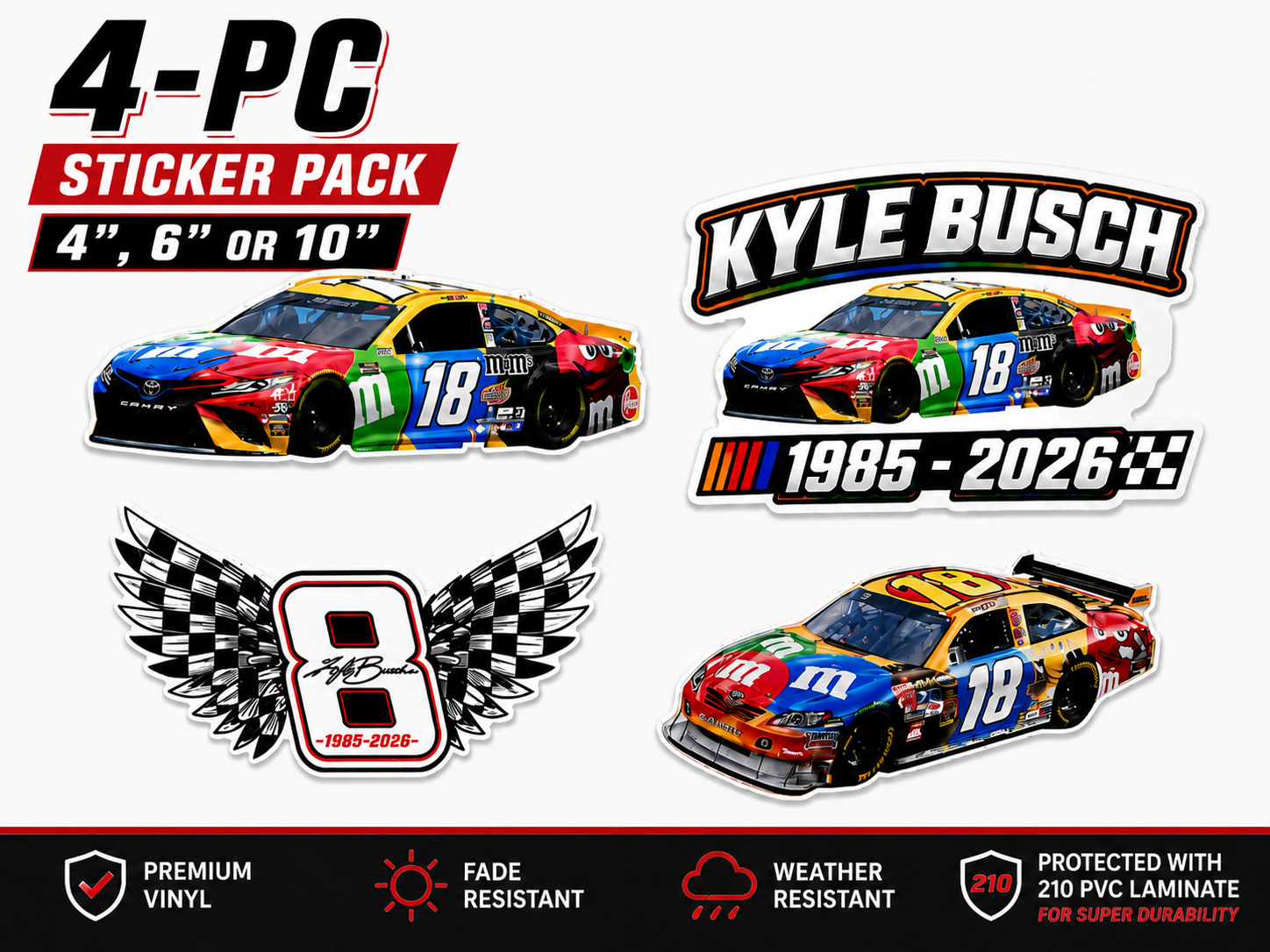 Kyle Busch 4pc 4", 6", 10" Sticker Pack